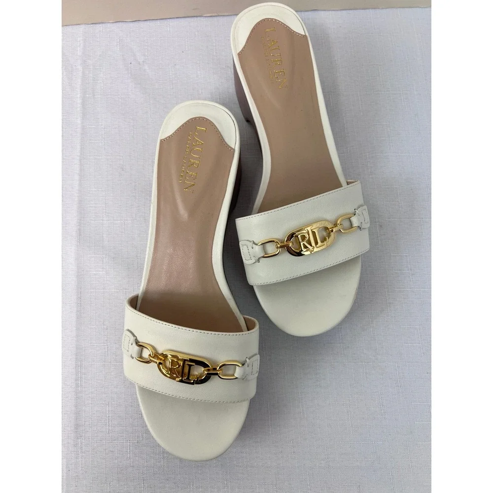 Lauren Ralph Lauren Slide Sandals Womens 8 White Excellent Gold Logo Platform